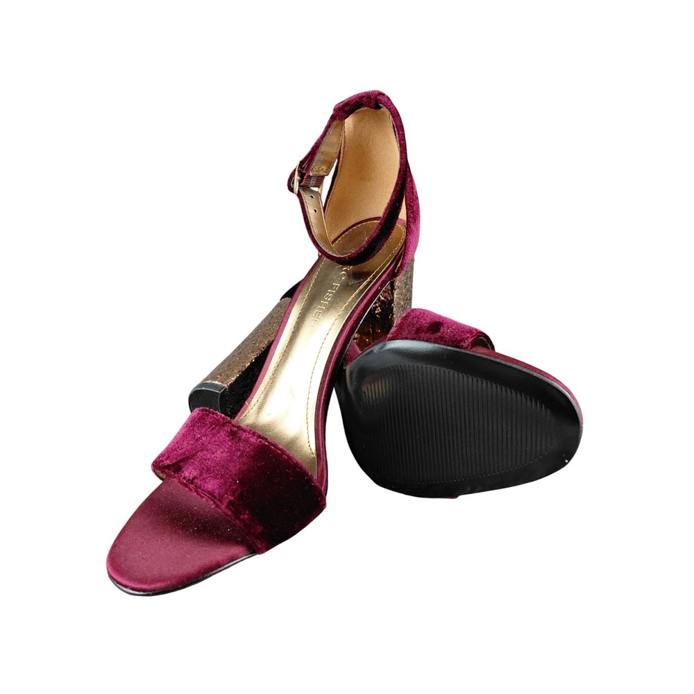 Marc Fisher Velvet‎ Block Heels Glitter Sparkle Ankle Strap Shoes Burgundy